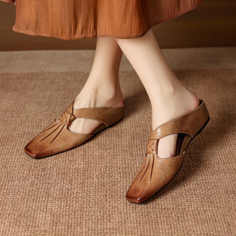 Olene Mules en Cuir Véritable à Bout Carré