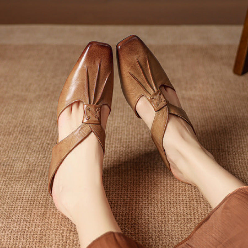 Olene Mules en Cuir Véritable à Bout Carré