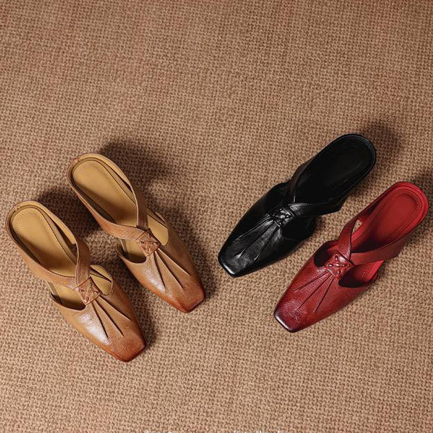 Olene Mules en Cuir Véritable à Bout Carré