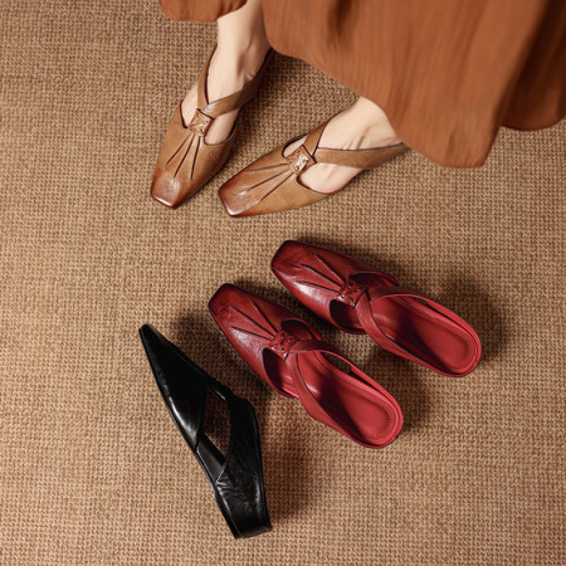 Olene Mules en Cuir Véritable à Bout Carré