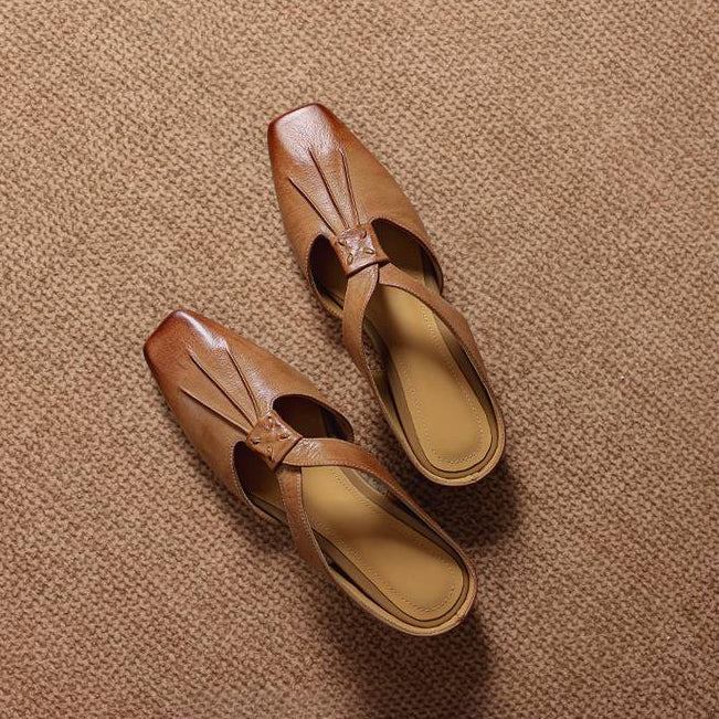 Olene Mules en Cuir Véritable à Bout Carré