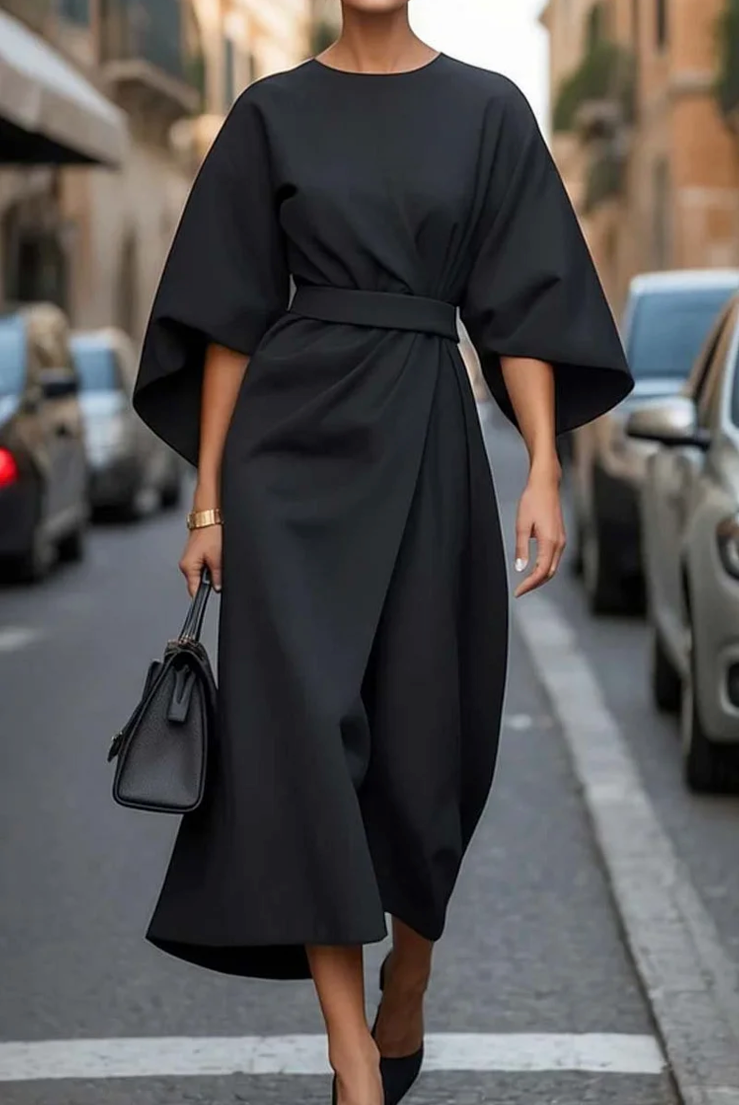 Élégante robe à manches lanternes avec ceinture
