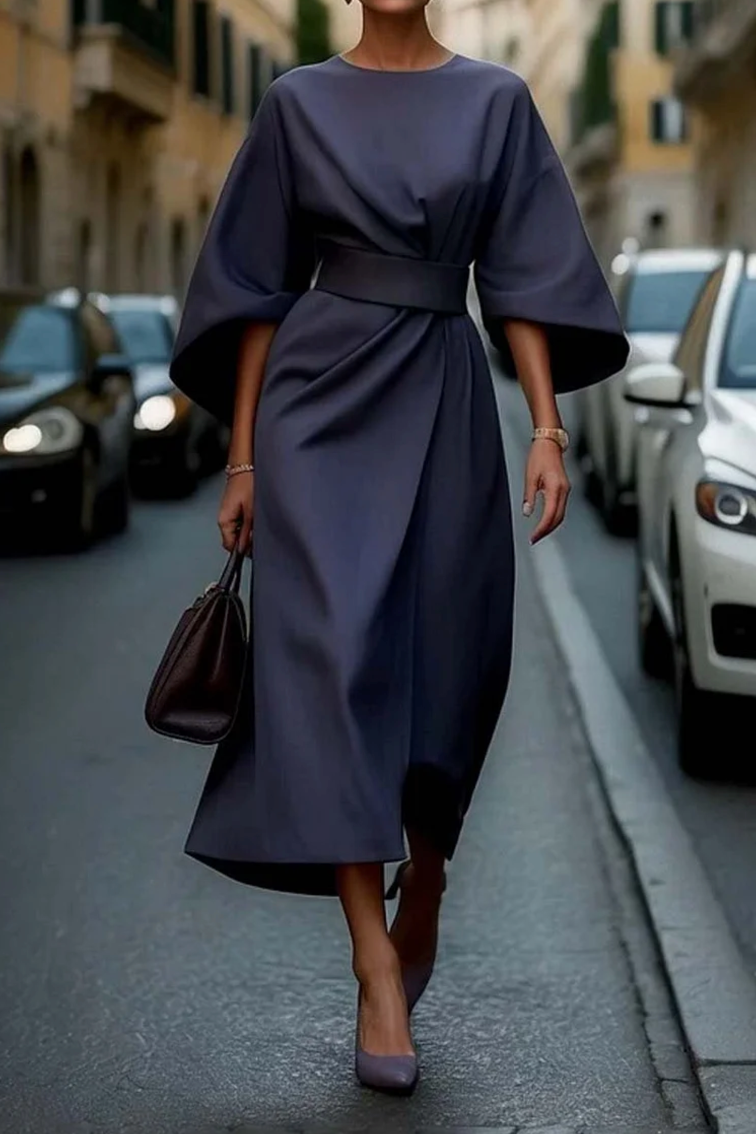 Élégante robe à manches lanternes avec ceinture