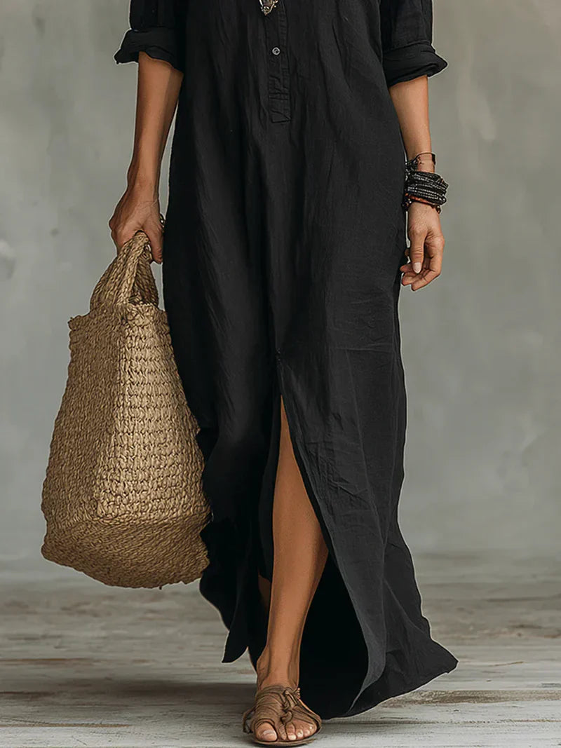 Robe Maxi Noire Évasée avec Boutons