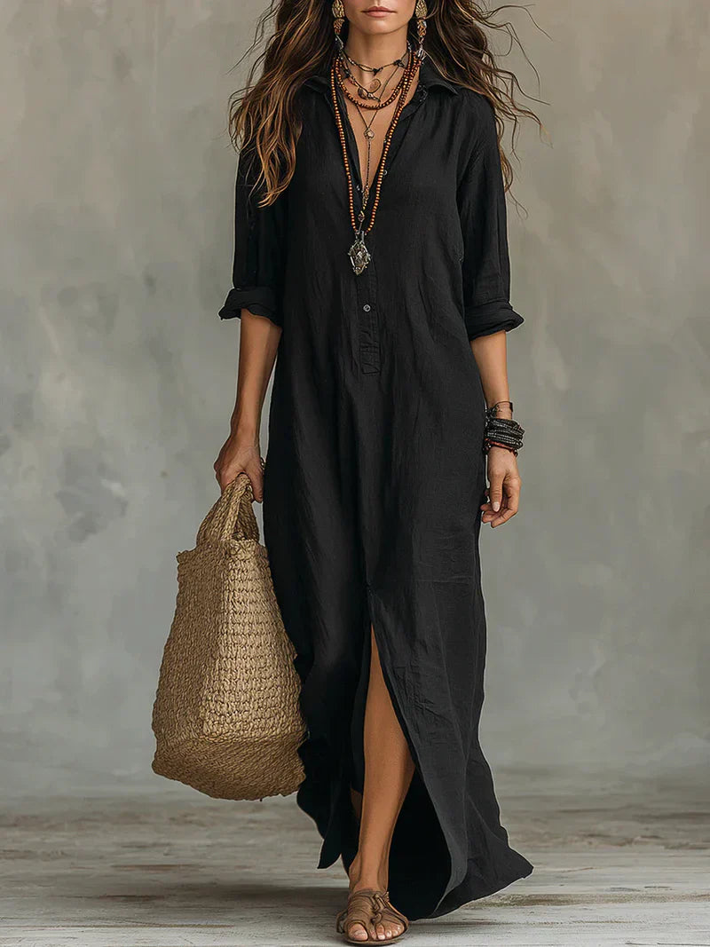 Robe Maxi Noire Évasée avec Boutons