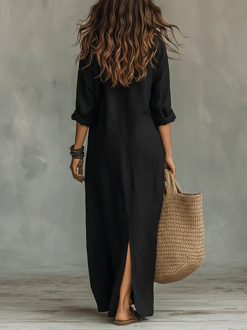 Robe Maxi Noire Évasée avec Boutons