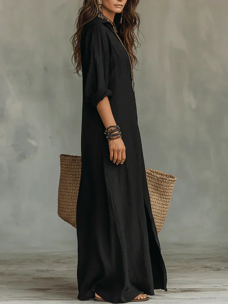 Robe Maxi Noire Évasée avec Boutons