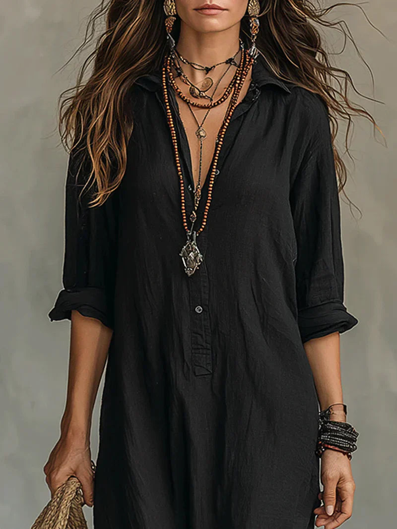 Robe Maxi Noire Évasée avec Boutons