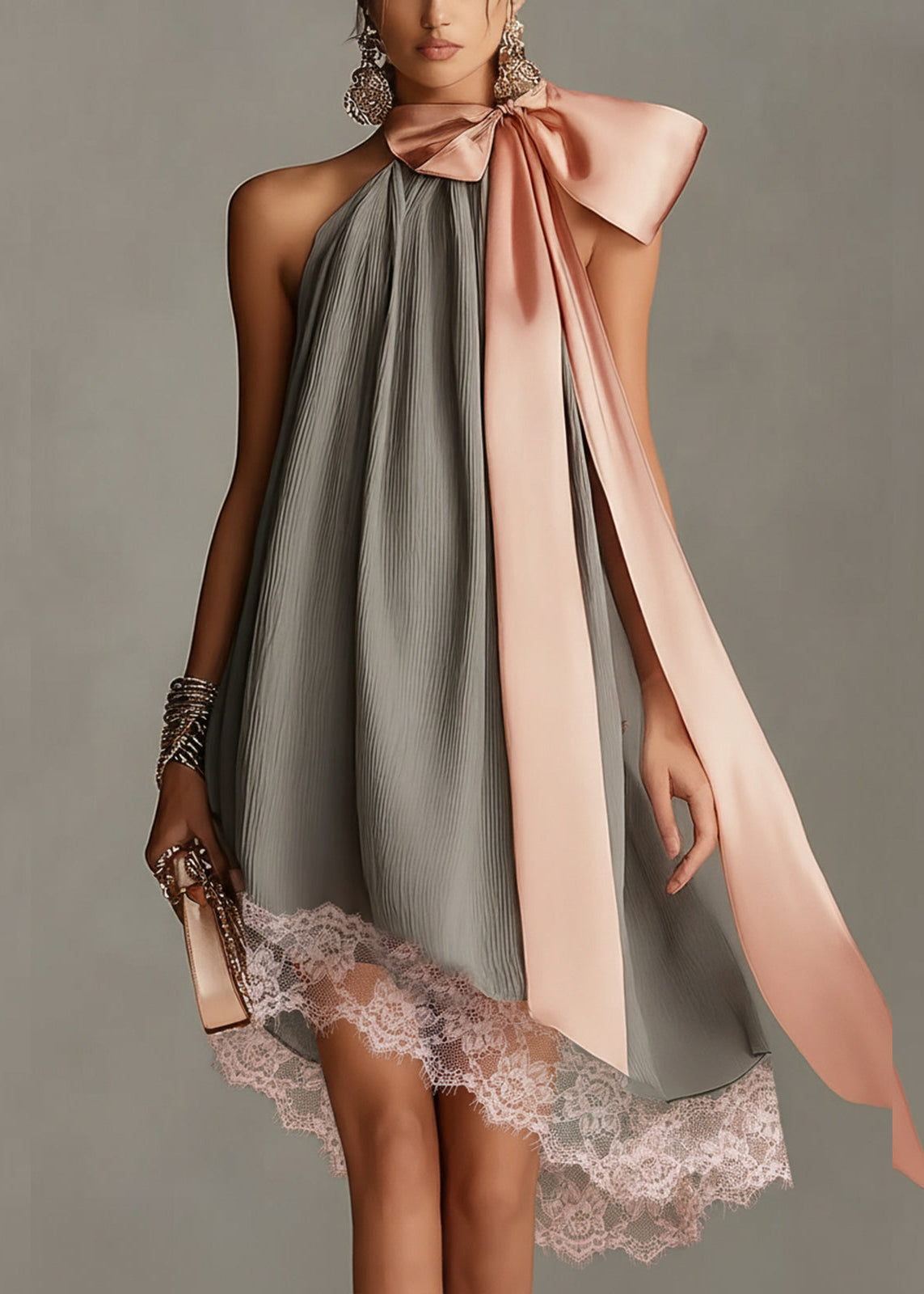 Mini Robe Satinée à Nœud en Dentelle