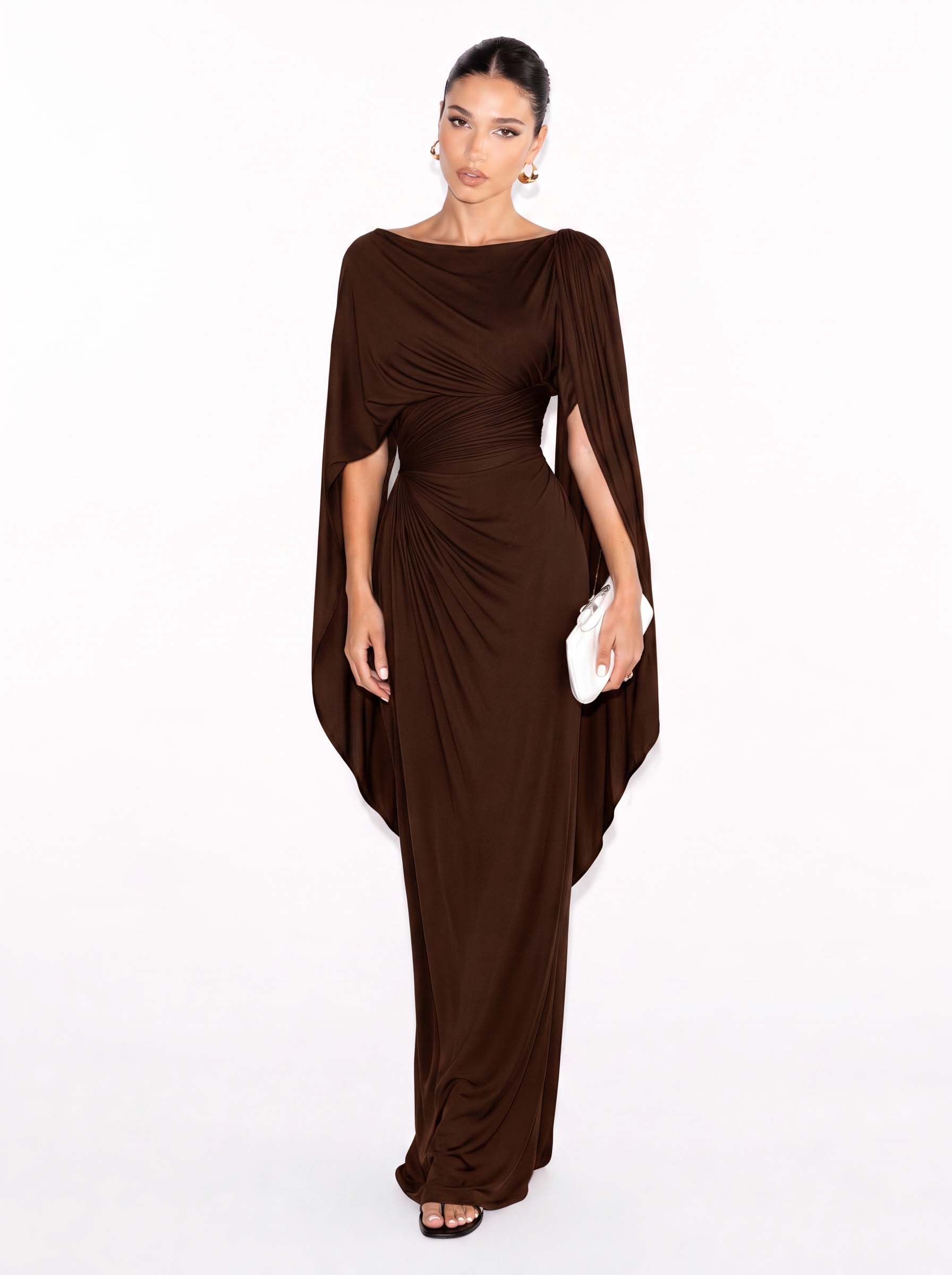Robe Maxi Slim Fit avec Encolure Bateau Plissée