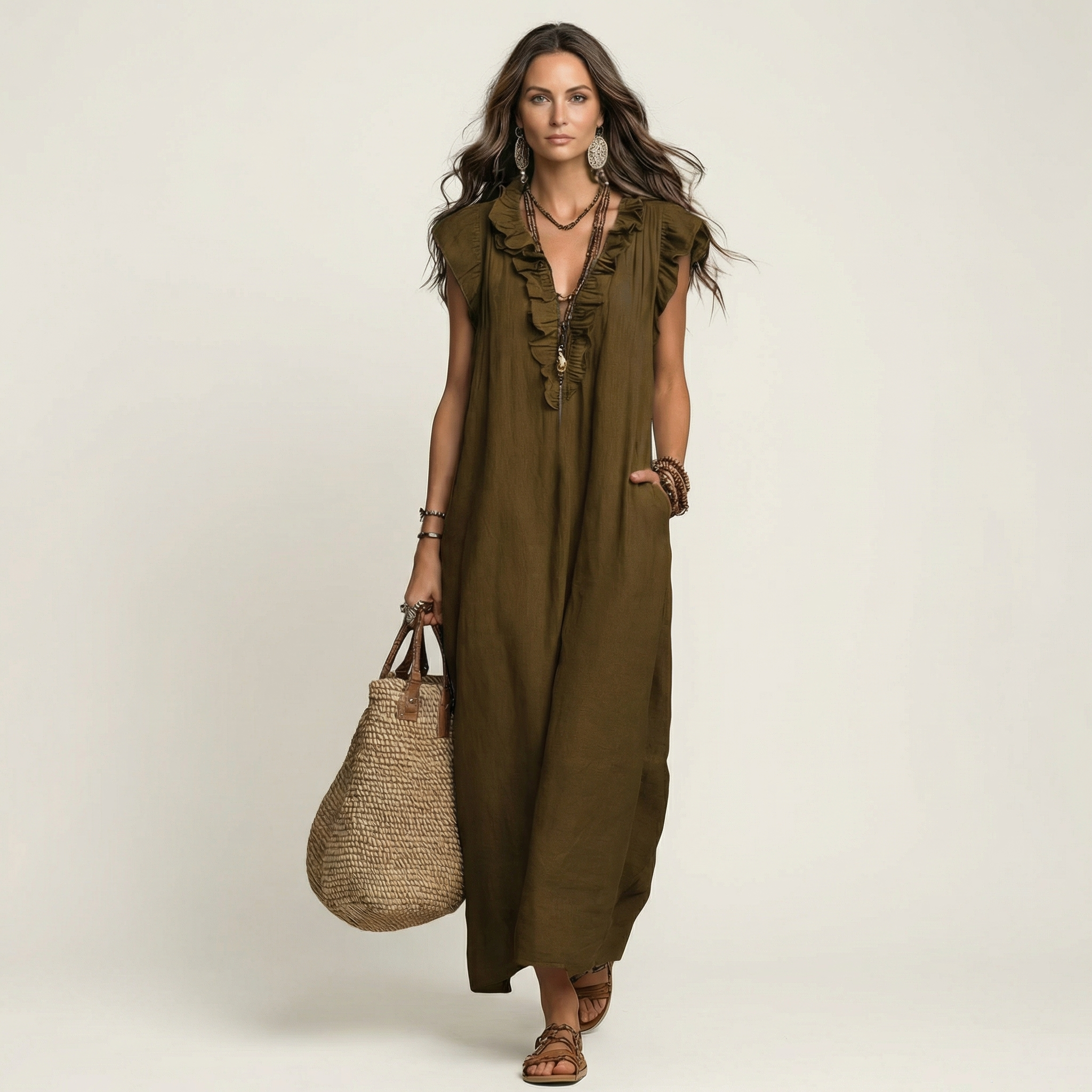 Robe Maxi en Lin à Volants
