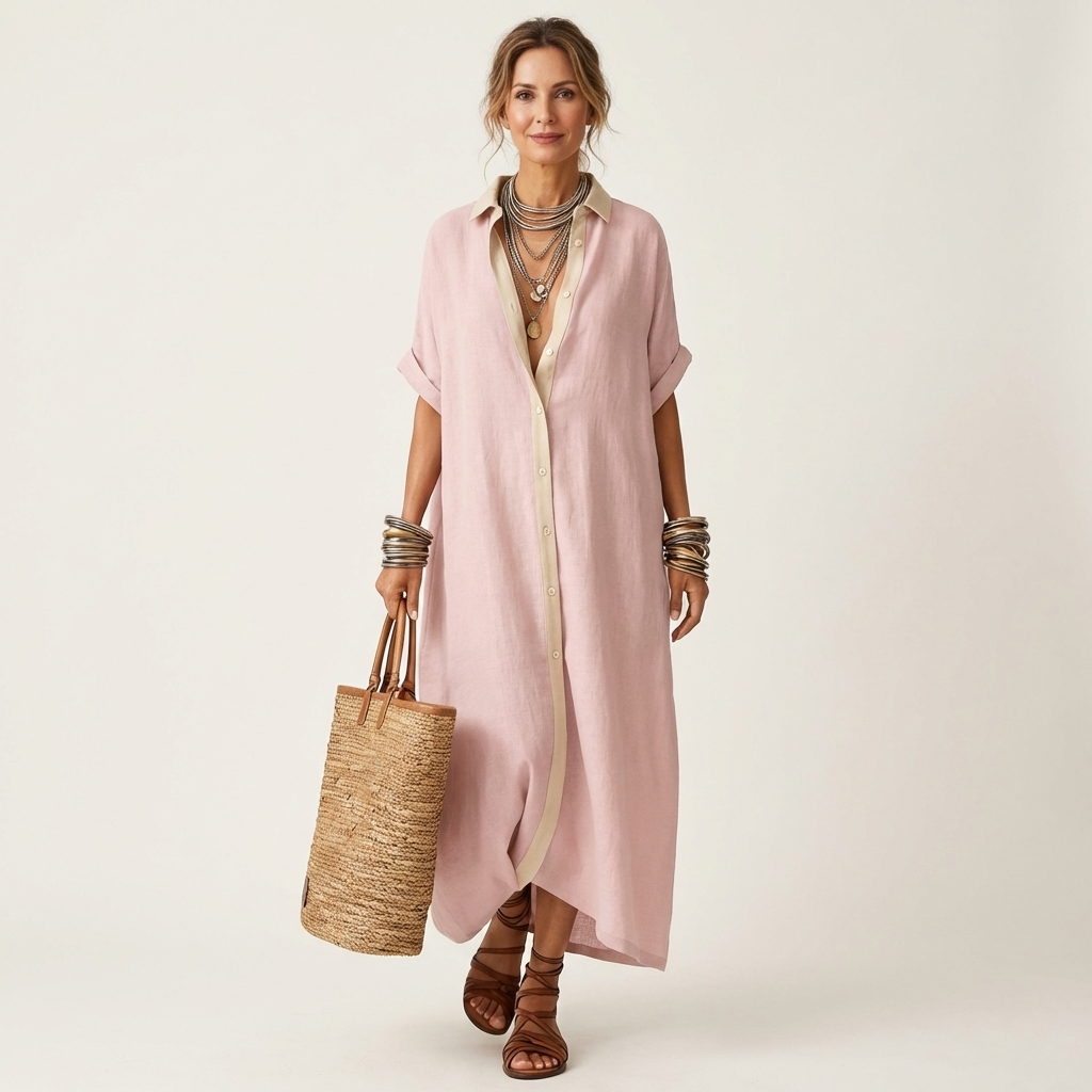 Maxi Robe Chemise à Col Contrasté