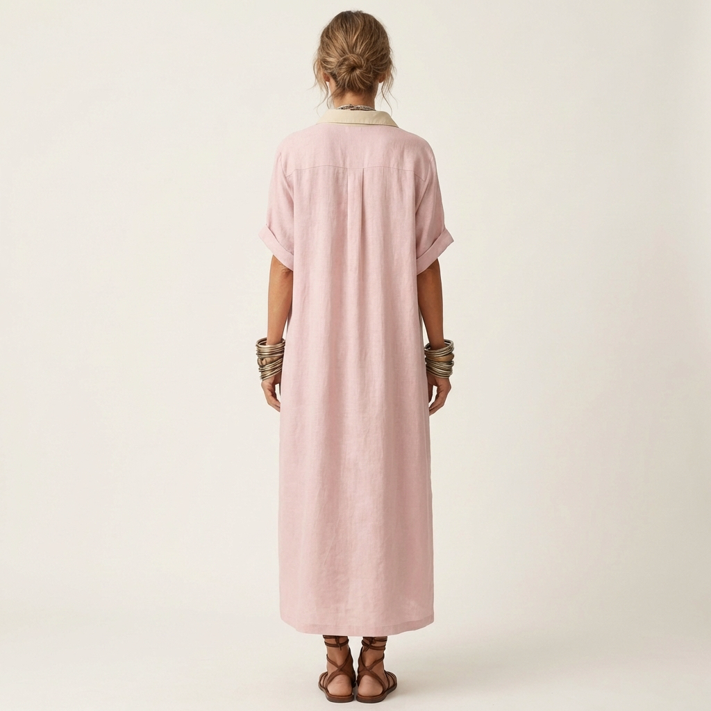 Maxi Robe Chemise à Col Contrasté