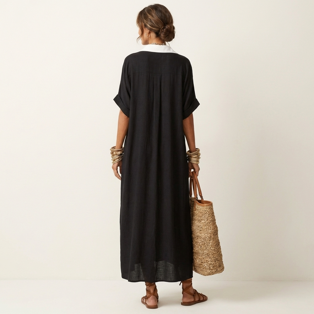 Maxi Robe Chemise à Col Contrasté