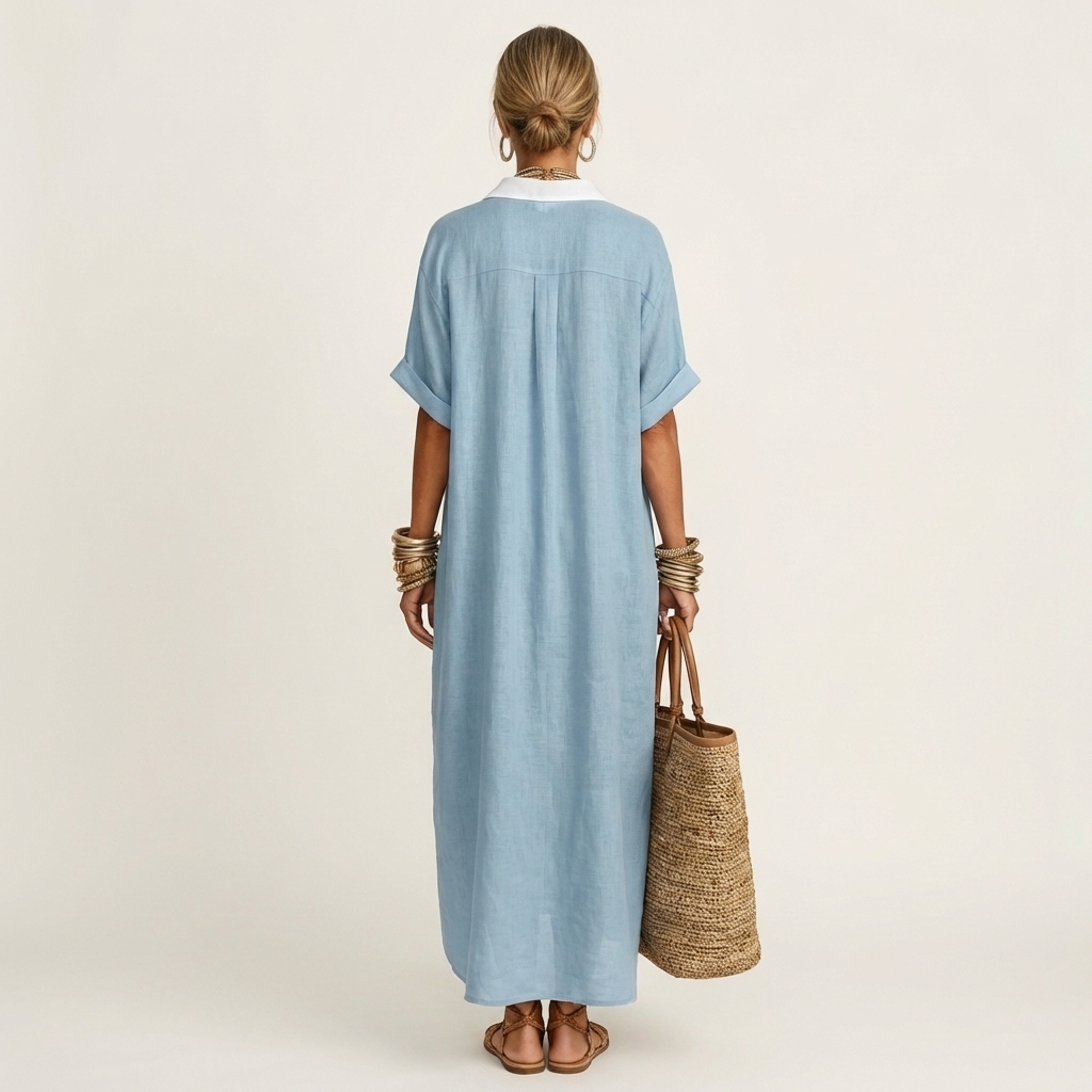 Maxi Robe Chemise à Col Contrasté