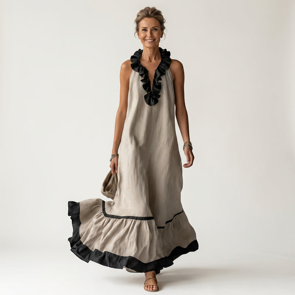 Robe Maxi Sans Manches à Col Volant