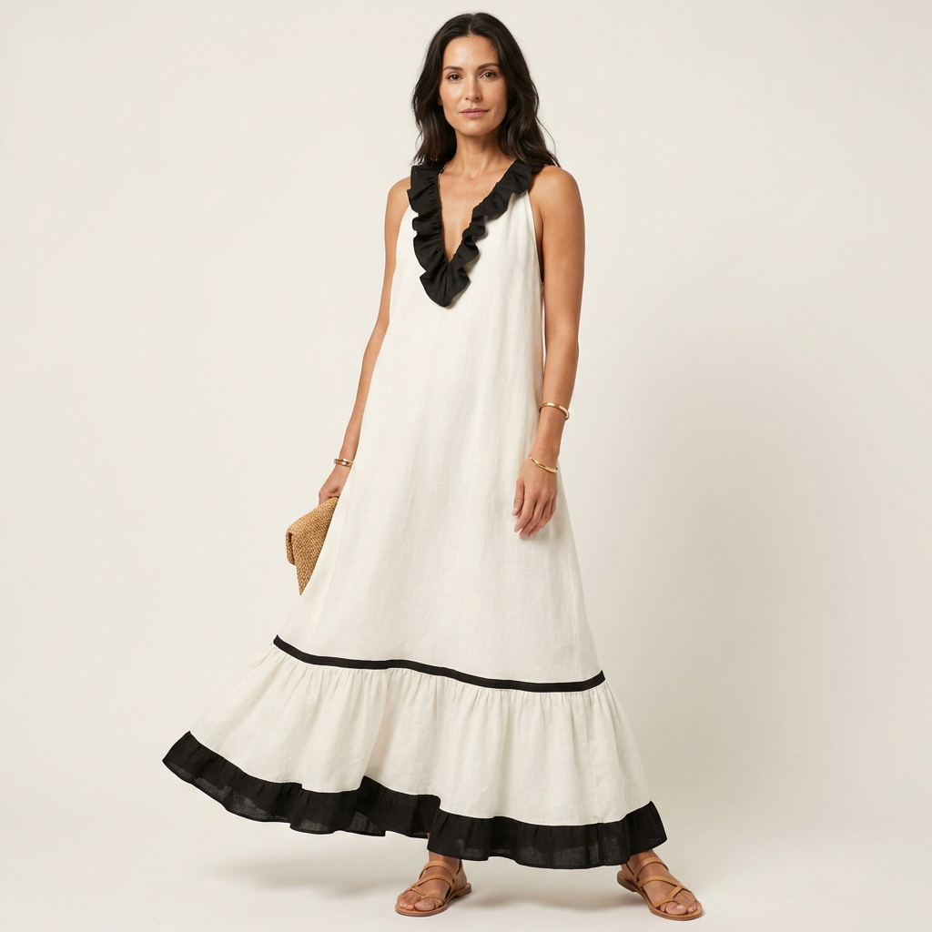 Robe Maxi Sans Manches à Col Volant