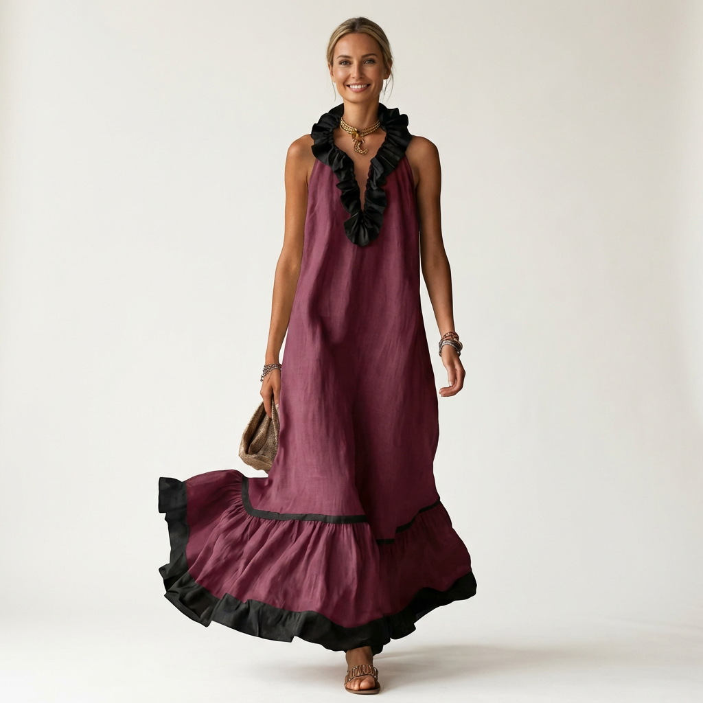 Robe Maxi Sans Manches à Col Volant