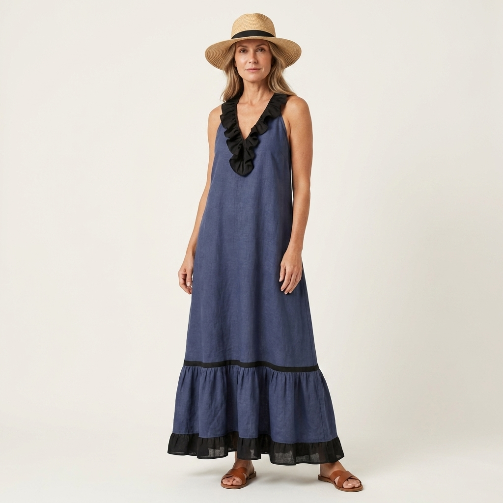 Robe Maxi Sans Manches à Col Volant