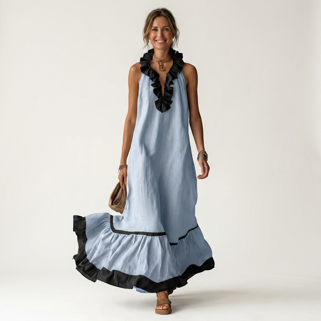 Robe Maxi Sans Manches à Col Volant