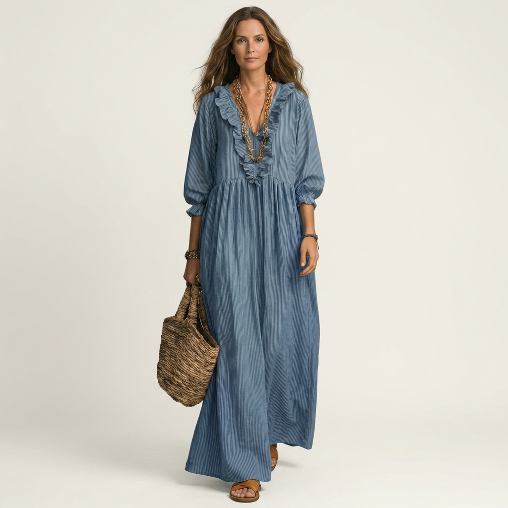 Robe Maxi Rayée à Volants