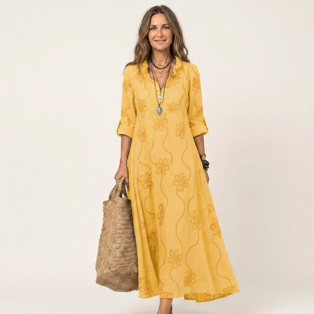 Maxi Robe Brodée en Coton-Lin