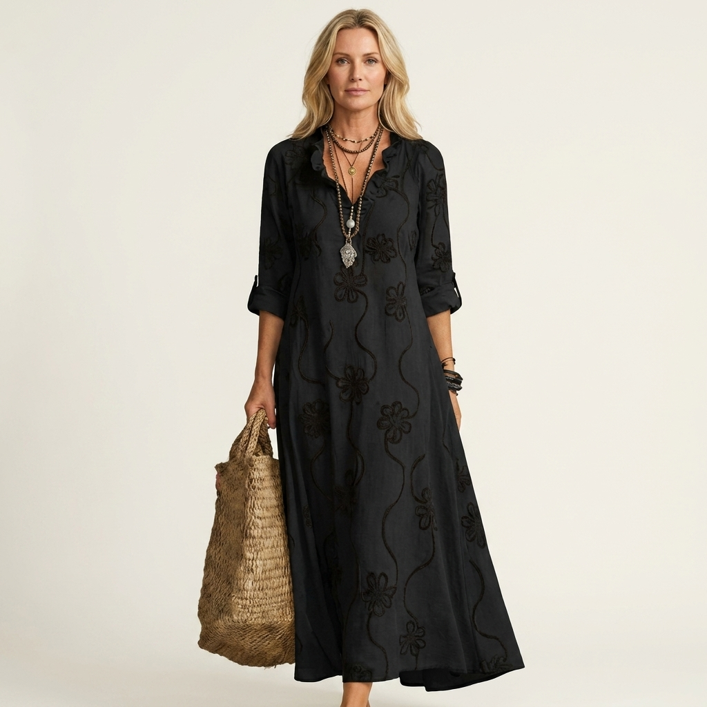Maxi Robe Brodée en Coton-Lin