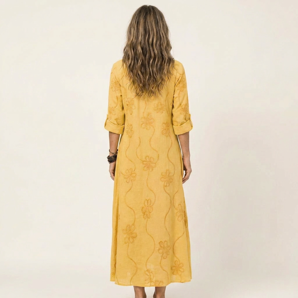 Maxi Robe Brodée en Coton-Lin