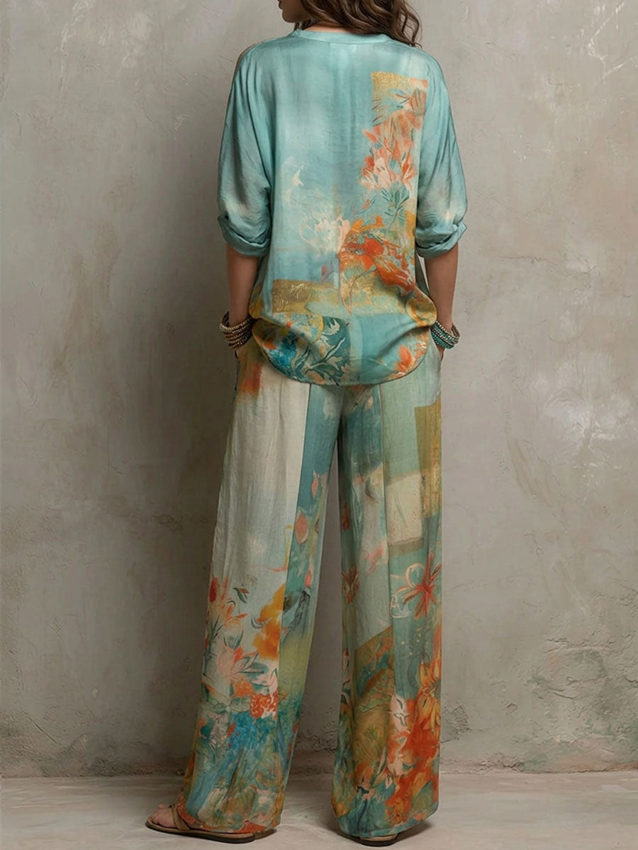Ensemble Floral Chic avec Pantalon Large