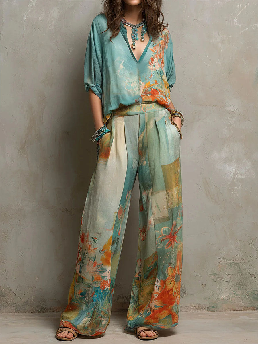 Ensemble Floral Chic avec Pantalon Large